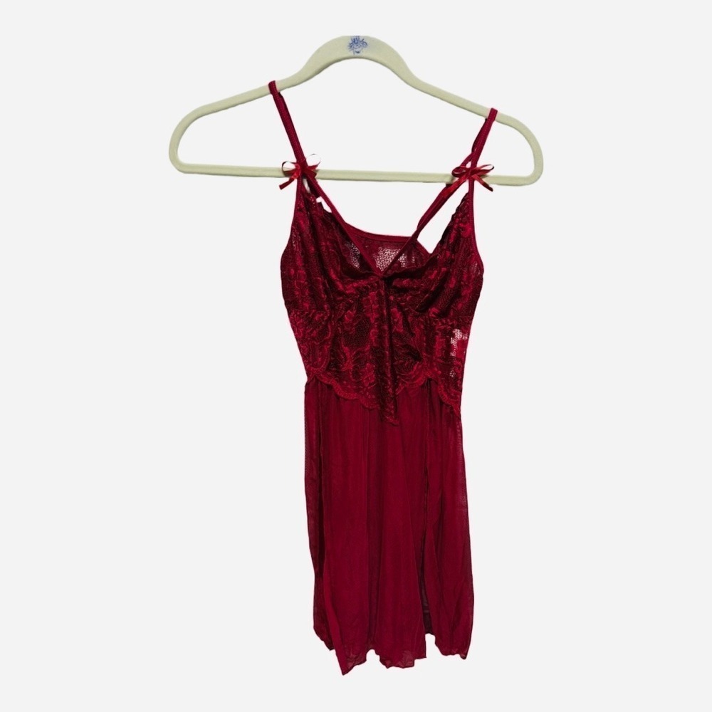 Red Nightie Slip Dress Lace Women's Large Sexy Bow Straps